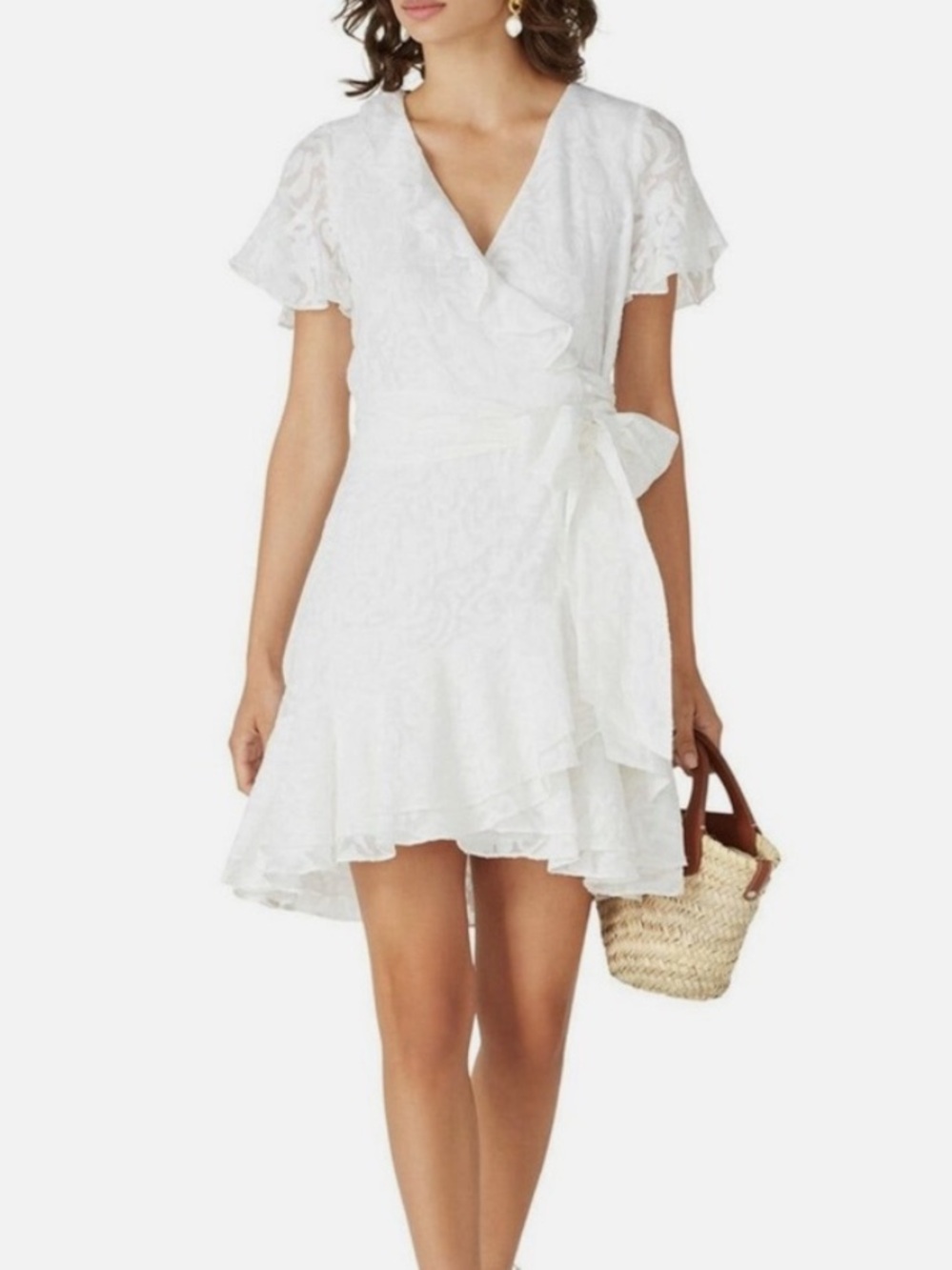 Tanya Taylor Ivory Wrap Dress Size 0 NWOT Ruffle Sleeve Bridal Cocktail Dress - Picture 2 of 14